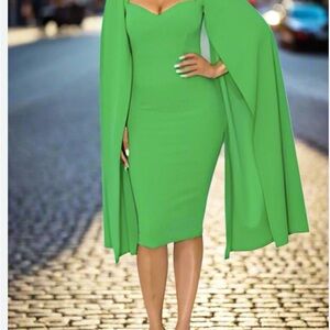 Elegant Fitted Leather Green Cape Sleeve Dress